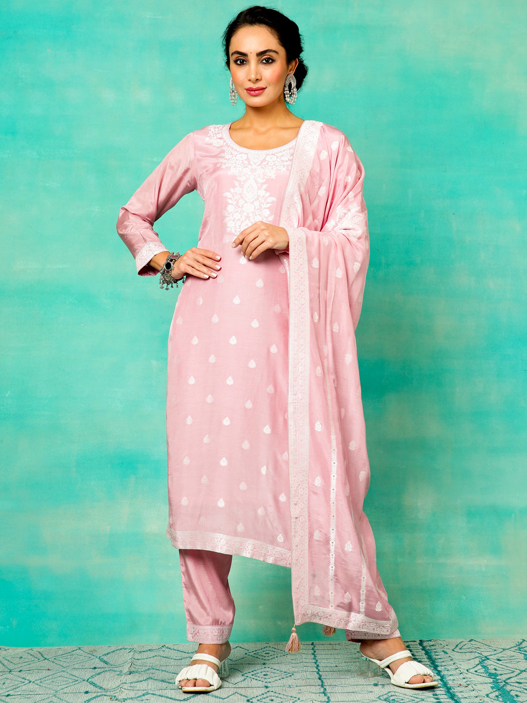 Pink Jacquard Kurta Pant With Dupatta - Elganza