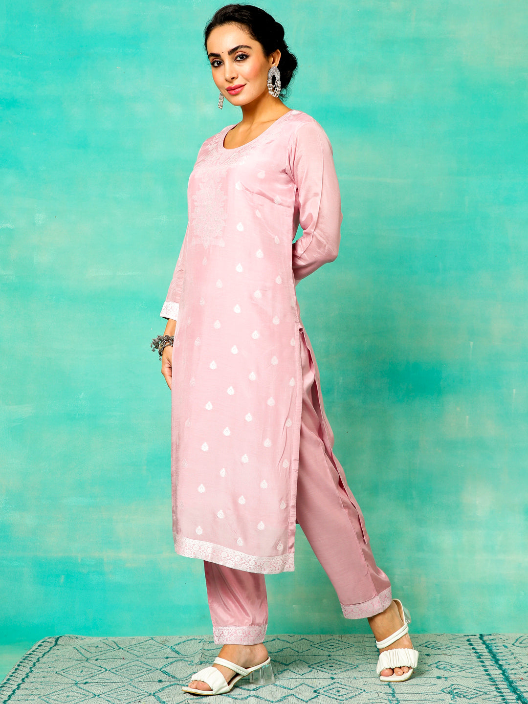 Pink Jacquard Kurta Pant With Dupatta - Elganza