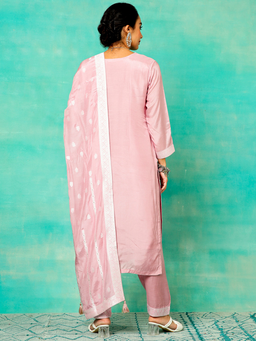 Pink Jacquard Kurta Pant With Dupatta - Elganza