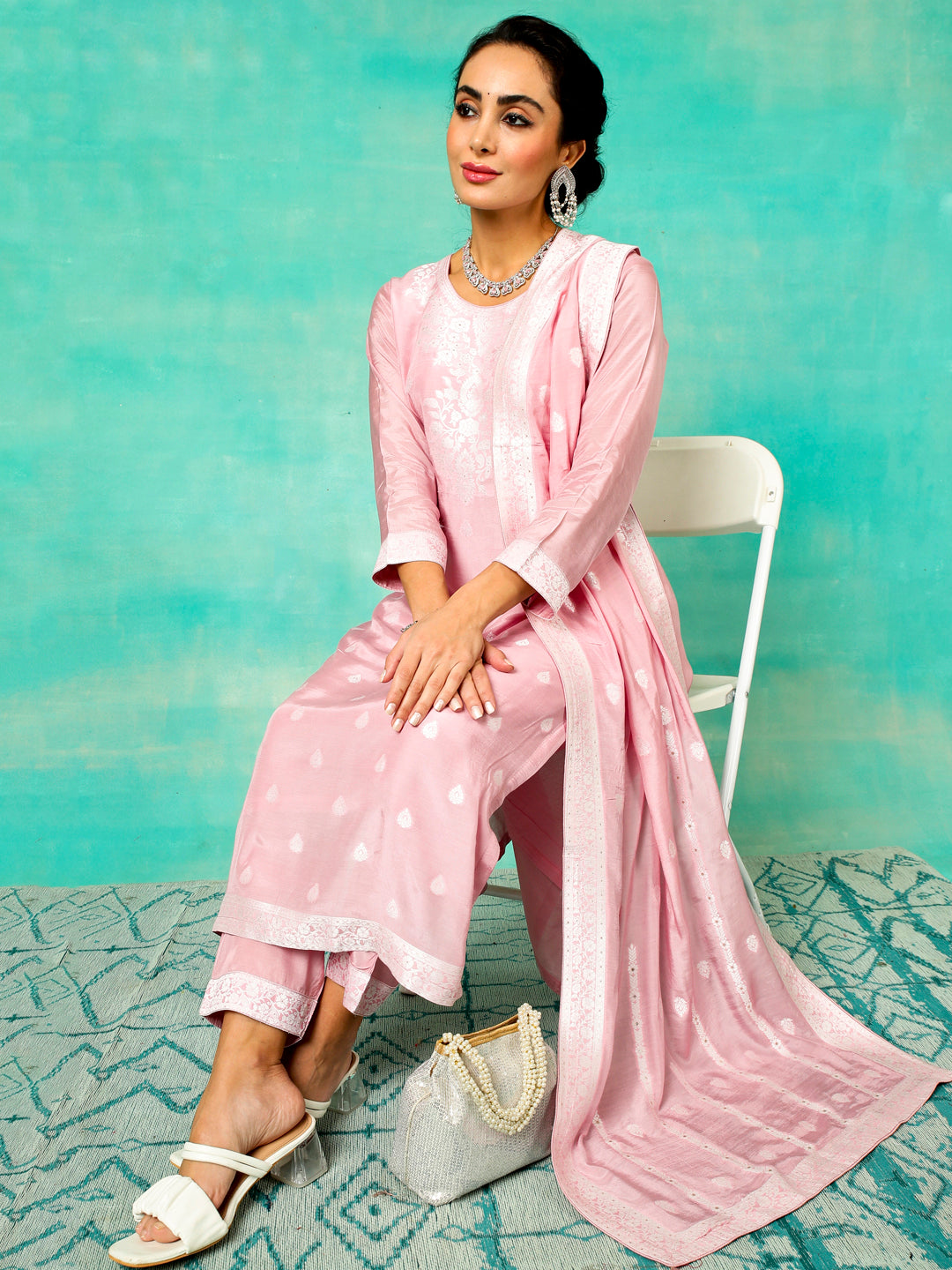 Pink Jacquard Kurta Pant With Dupatta - Elganza