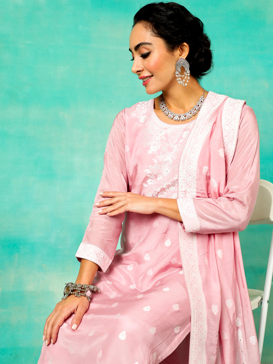 Pink Jacquard Kurta Pant With Dupatta - Elganza