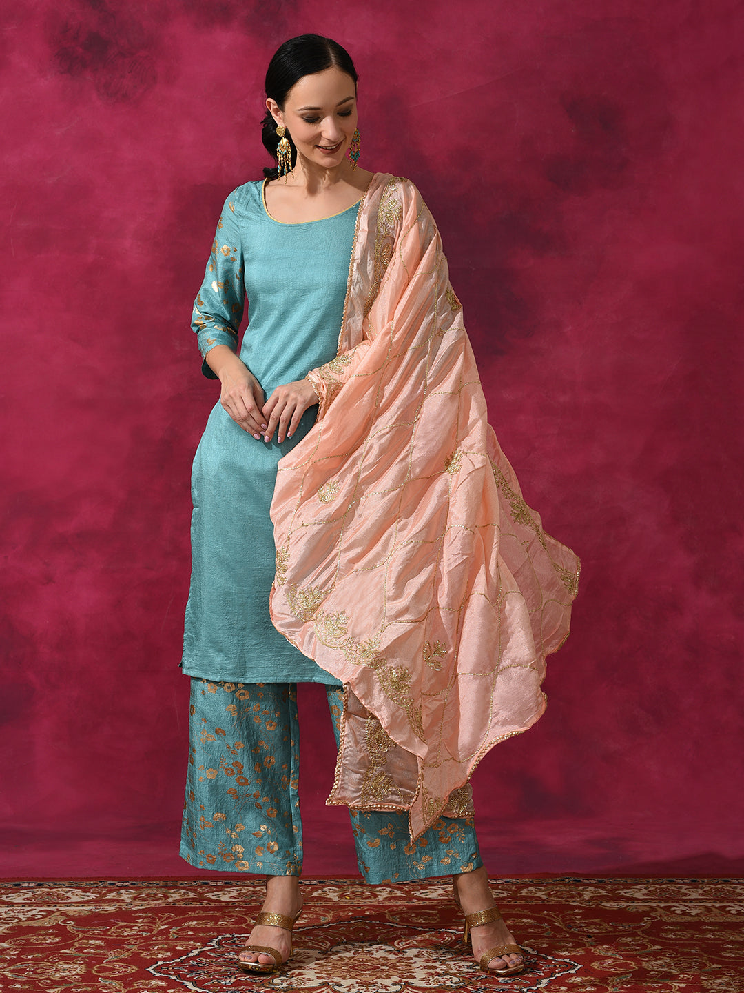 Pastel Blue Foil Print Kurta Palazzo With Dupatta - Elganza