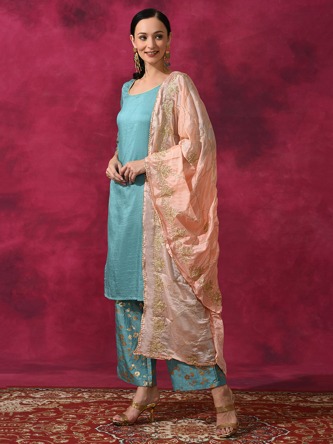 Pastel Blue Foil Print Kurta Palazzo With Dupatta - Elganza