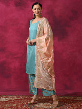 Pastel Blue Foil Print Kurta Palazzo With Dupatta - Elganza