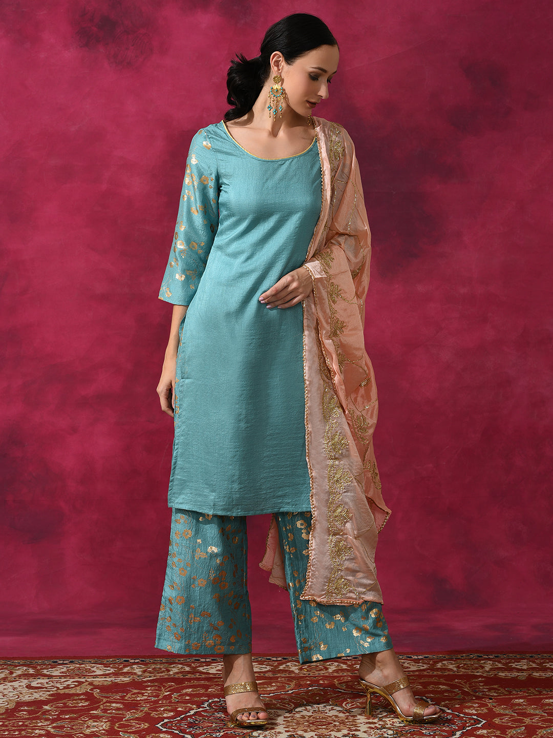 Pastel Blue Foil Print Kurta Palazzo With Dupatta - Elganza