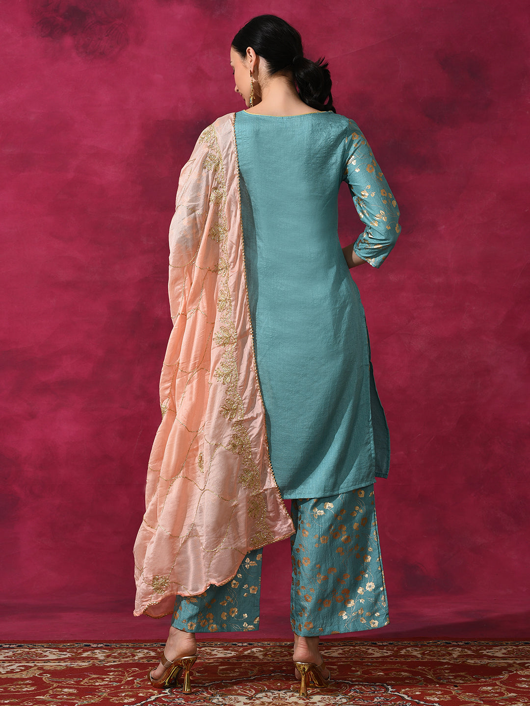 Pastel Blue Foil Print Kurta Palazzo With Dupatta - Elganza