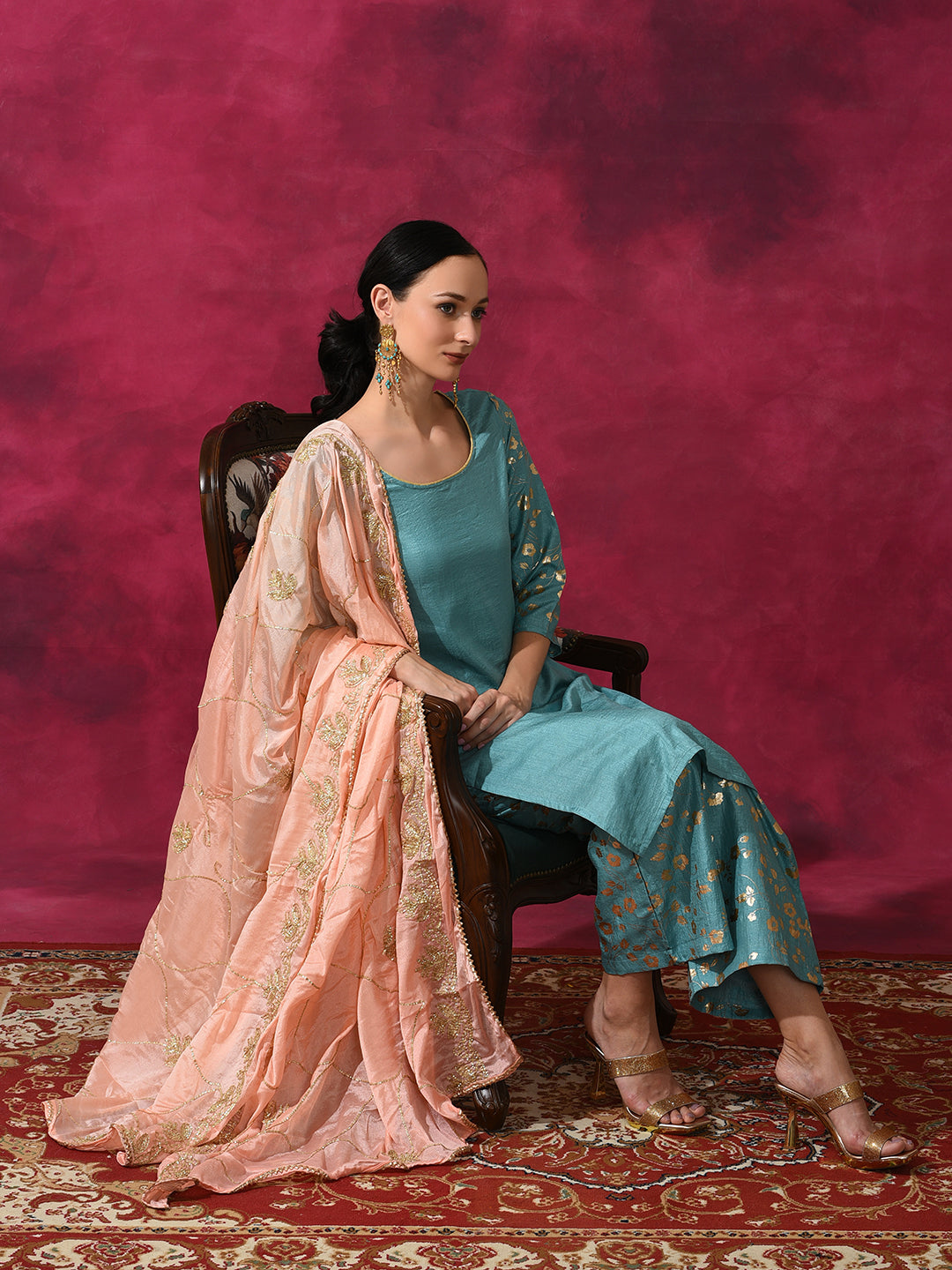 Pastel Blue Foil Print Kurta Palazzo With Dupatta - Elganza