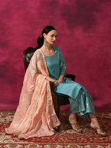 Pastel Blue Foil Print Kurta Palazzo With Dupatta - Elganza