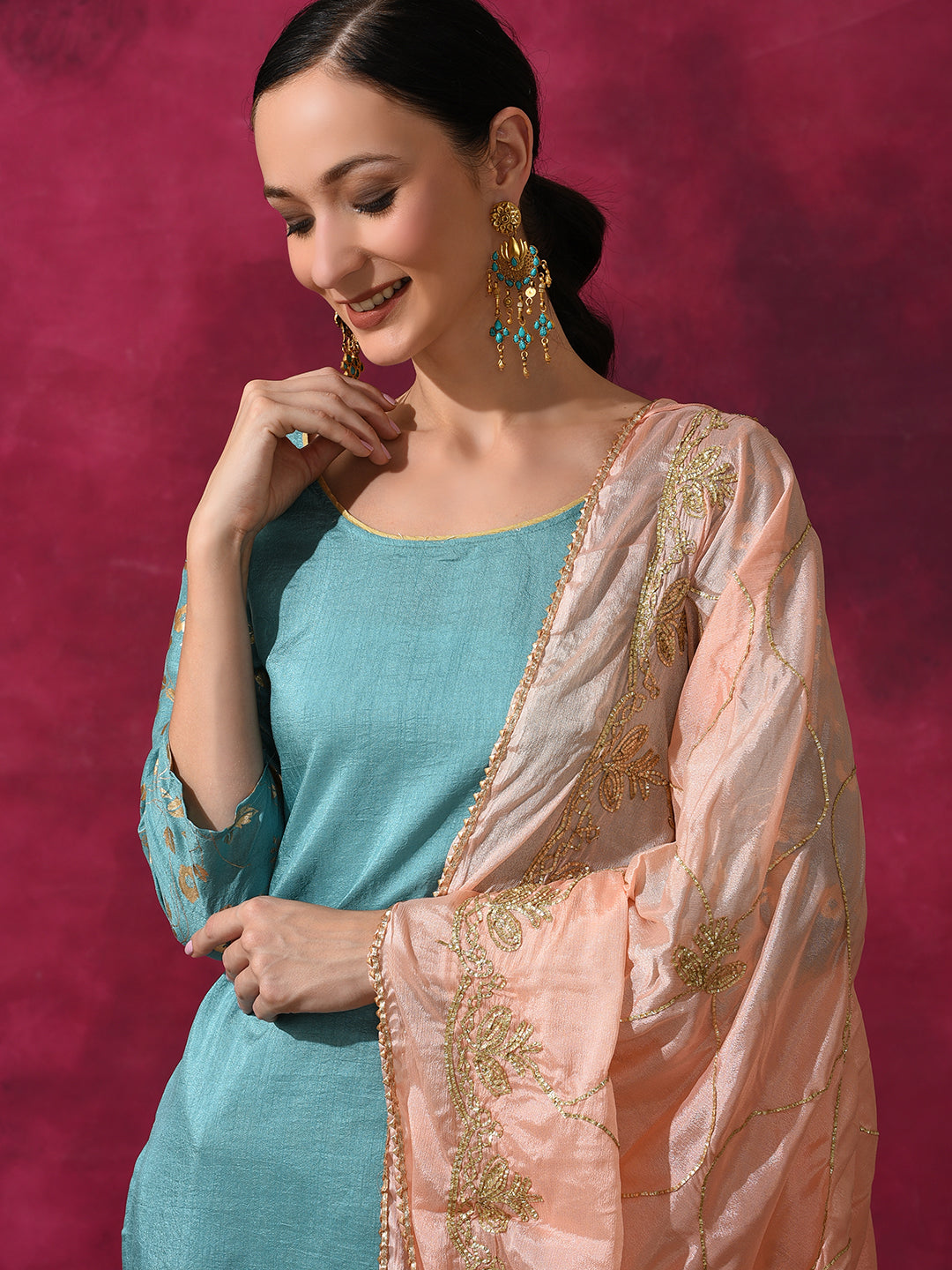 Pastel Blue Foil Print Kurta Palazzo With Dupatta - Elganza