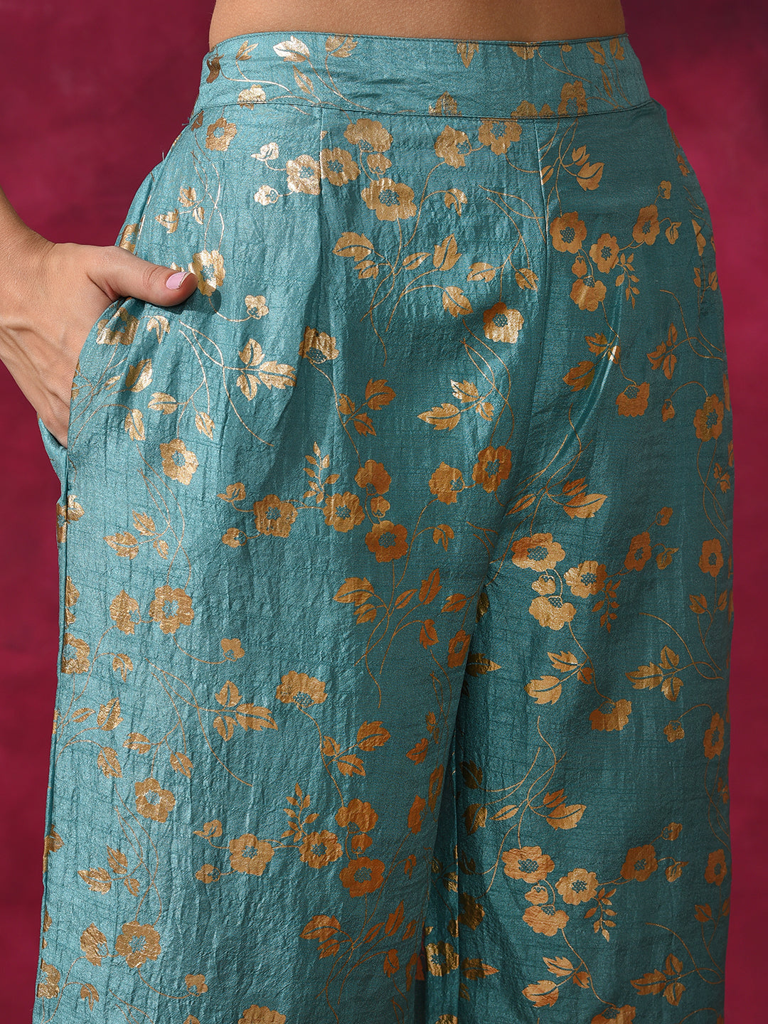 Pastel Blue Foil Print Kurta Palazzo With Dupatta - Elganza
