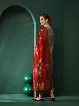 Beige Kurta Pant With Banarsi Dupatta - Elganza