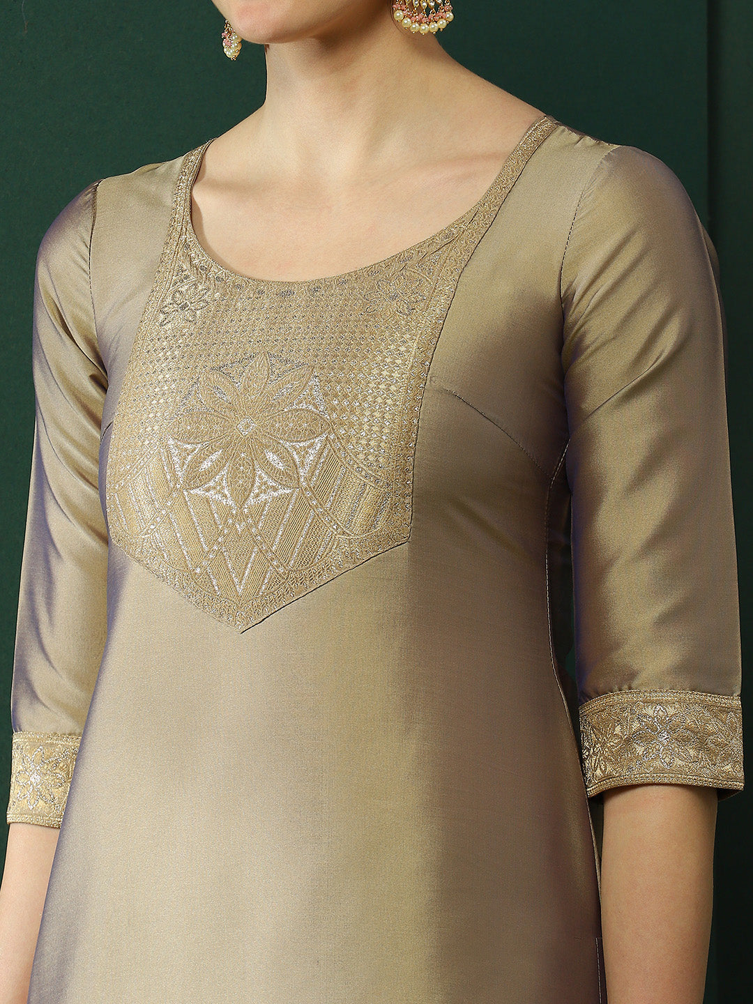 Beige Kurta Pant With Banarsi Dupatta - Elganza