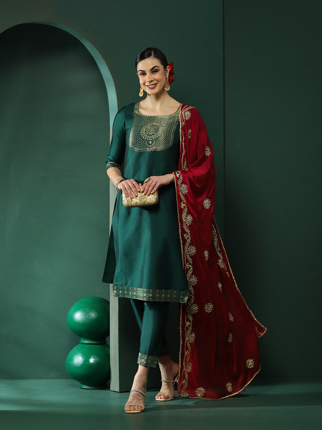 Green Kurta Pant With Gota Work Dupatta - Elganza