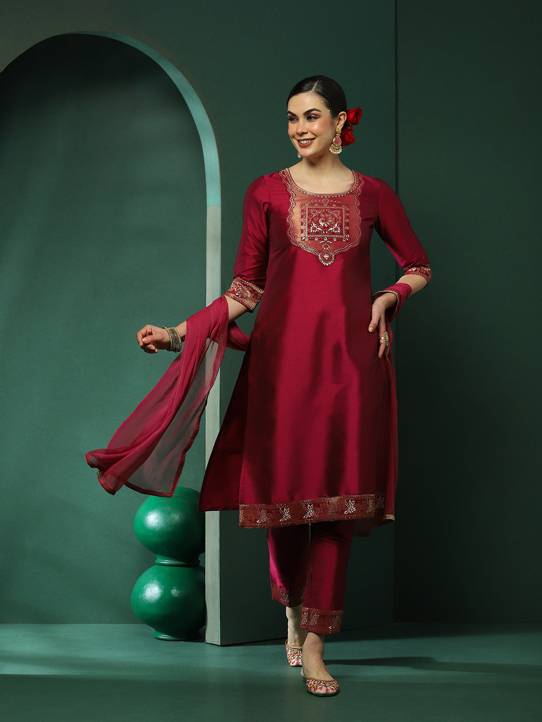 Purple Patch Work Kurta Pant With Dupatta - Elganza