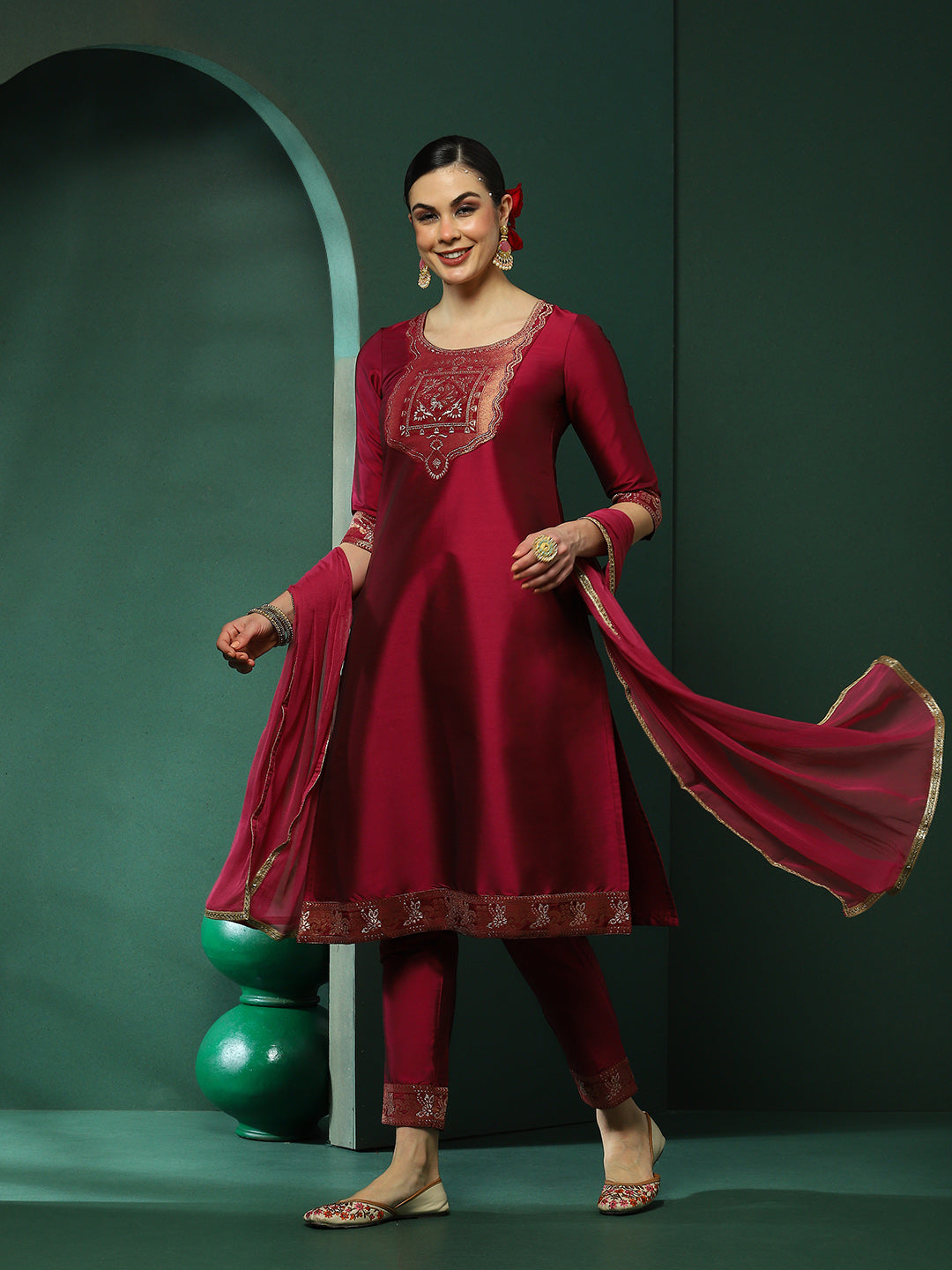 Purple Patch Work Kurta Pant With Dupatta - Elganza