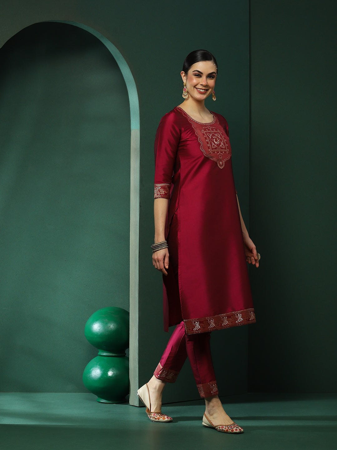 Purple Patch Work Kurta Pant With Dupatta - Elganza