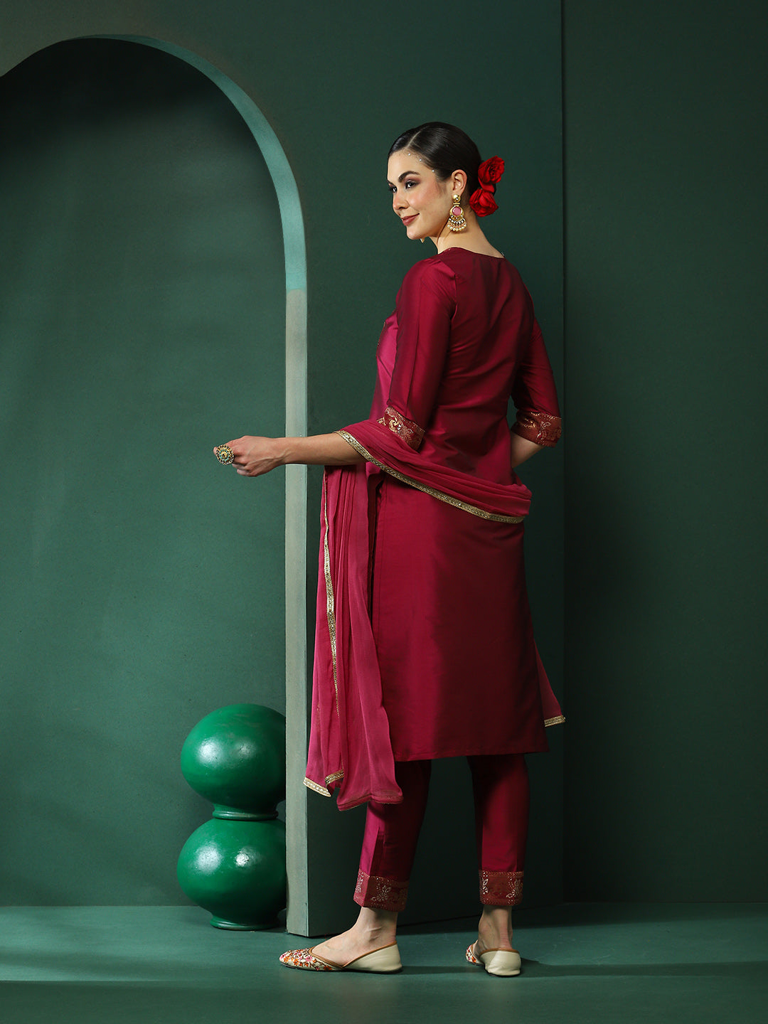 Purple Patch Work Kurta Pant With Dupatta - Elganza