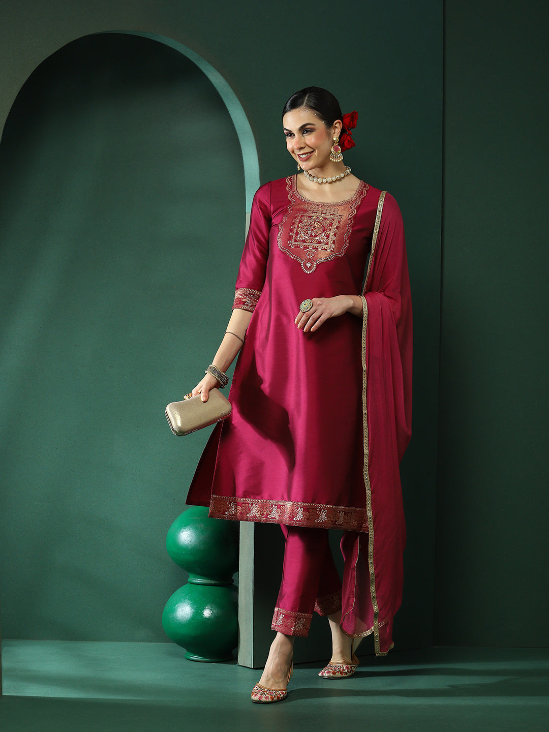 Purple Patch Work Kurta Pant With Dupatta - Elganza