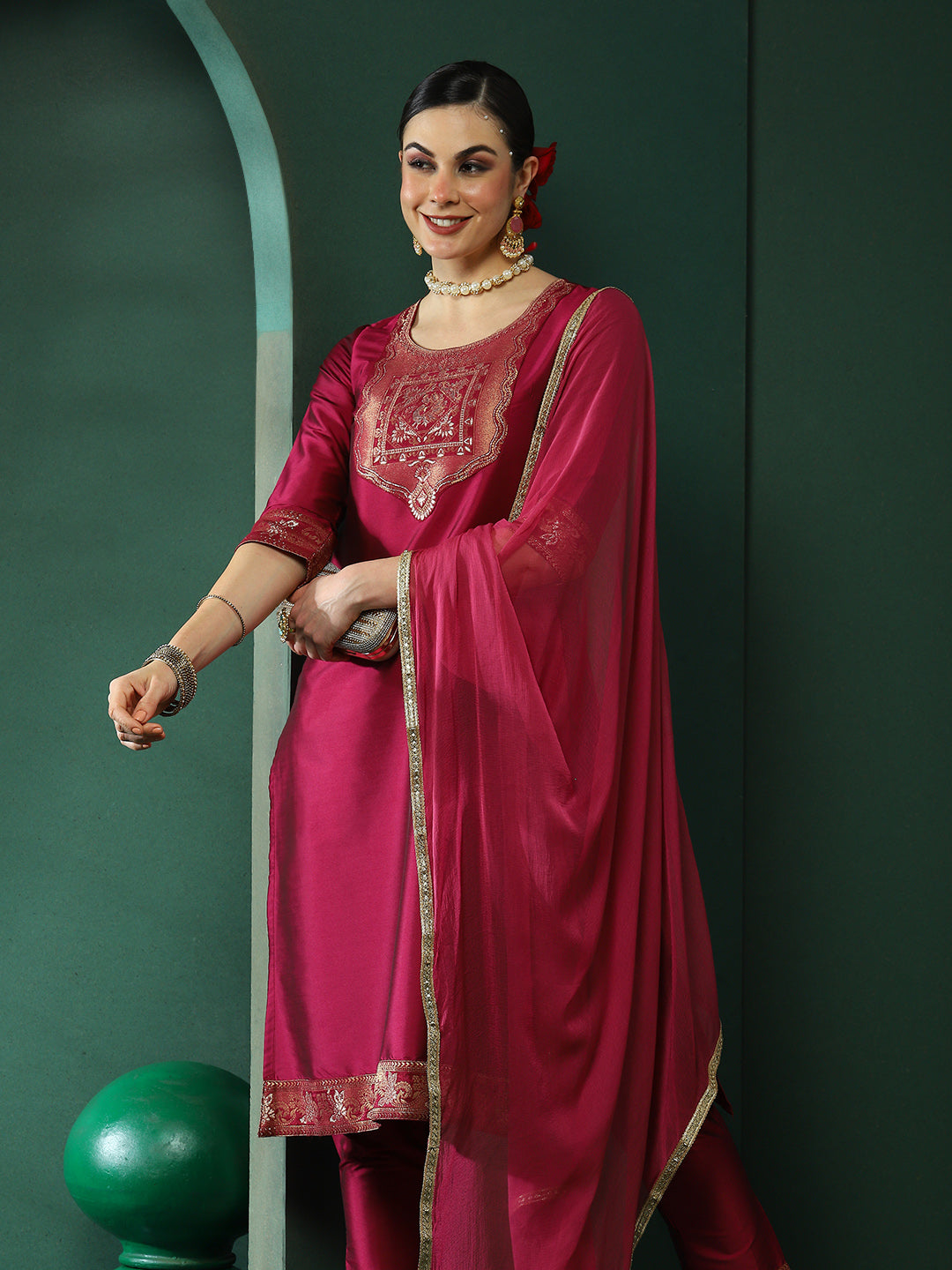 Purple Patch Work Kurta Pant With Dupatta - Elganza