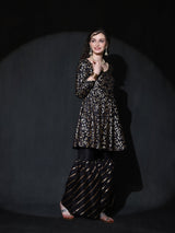 Black Foil Print A-Line Kurta Sharara With Dupatta