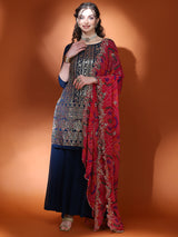 Navy Blue Embellished Straight Kurta Palazzo With Dupatta - Elganza