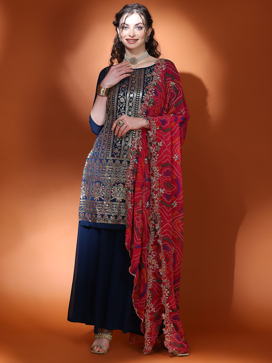 Navy Blue Embellished Straight Kurta Palazzo With Dupatta - Elganza