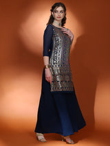 Navy Blue Embellished Straight Kurta Palazzo With Dupatta - Elganza