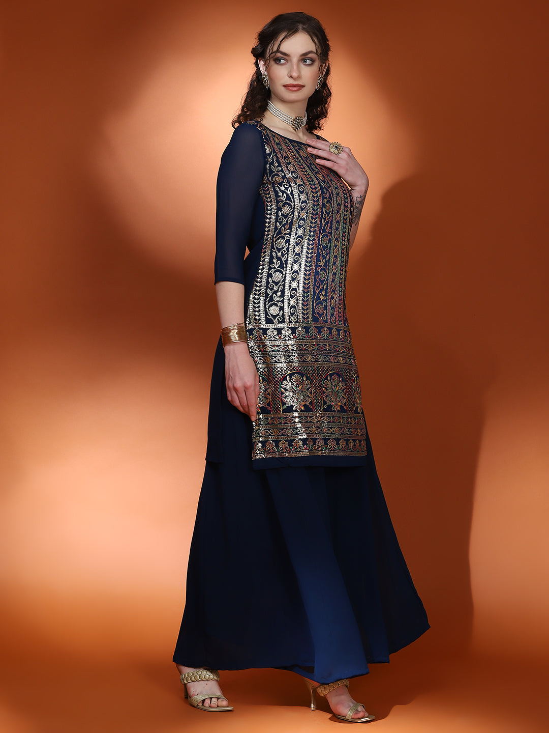 Navy Blue Embellished Straight Kurta Palazzo With Dupatta - Elganza