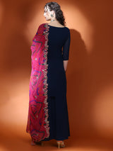 Navy Blue Embellished Straight Kurta Palazzo With Dupatta - Elganza