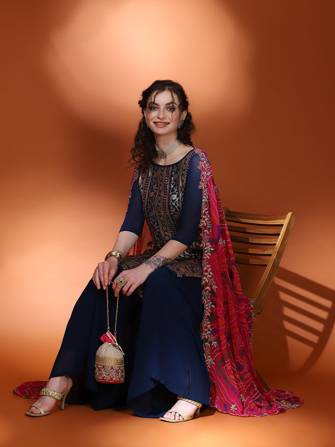 Navy Blue Embellished Straight Kurta Palazzo With Dupatta - Elganza