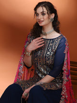 Navy Blue Embellished Straight Kurta Palazzo With Dupatta - Elganza