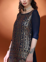Navy Blue Embellished Straight Kurta Palazzo With Dupatta - Elganza