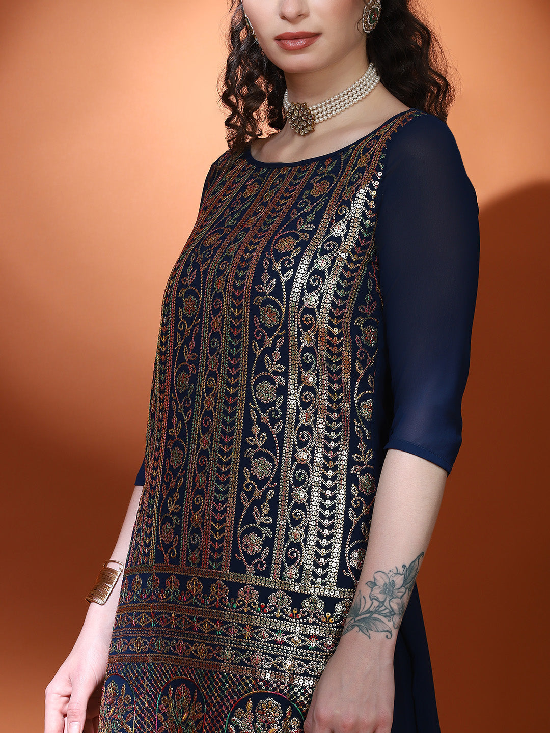 Navy Blue Embellished Straight Kurta Palazzo With Dupatta - Elganza