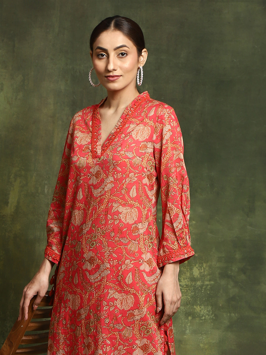 Red Floral Printed Pakistani Kurta With Palazzo - Elganza