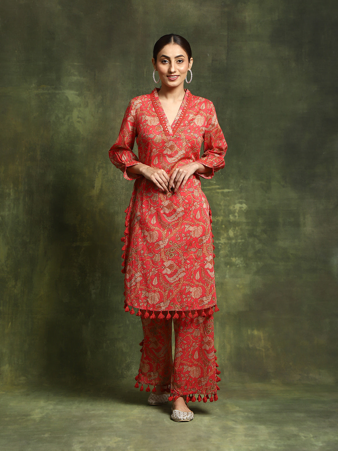 Red Floral Printed Pakistani Kurta With Palazzo - Elganza