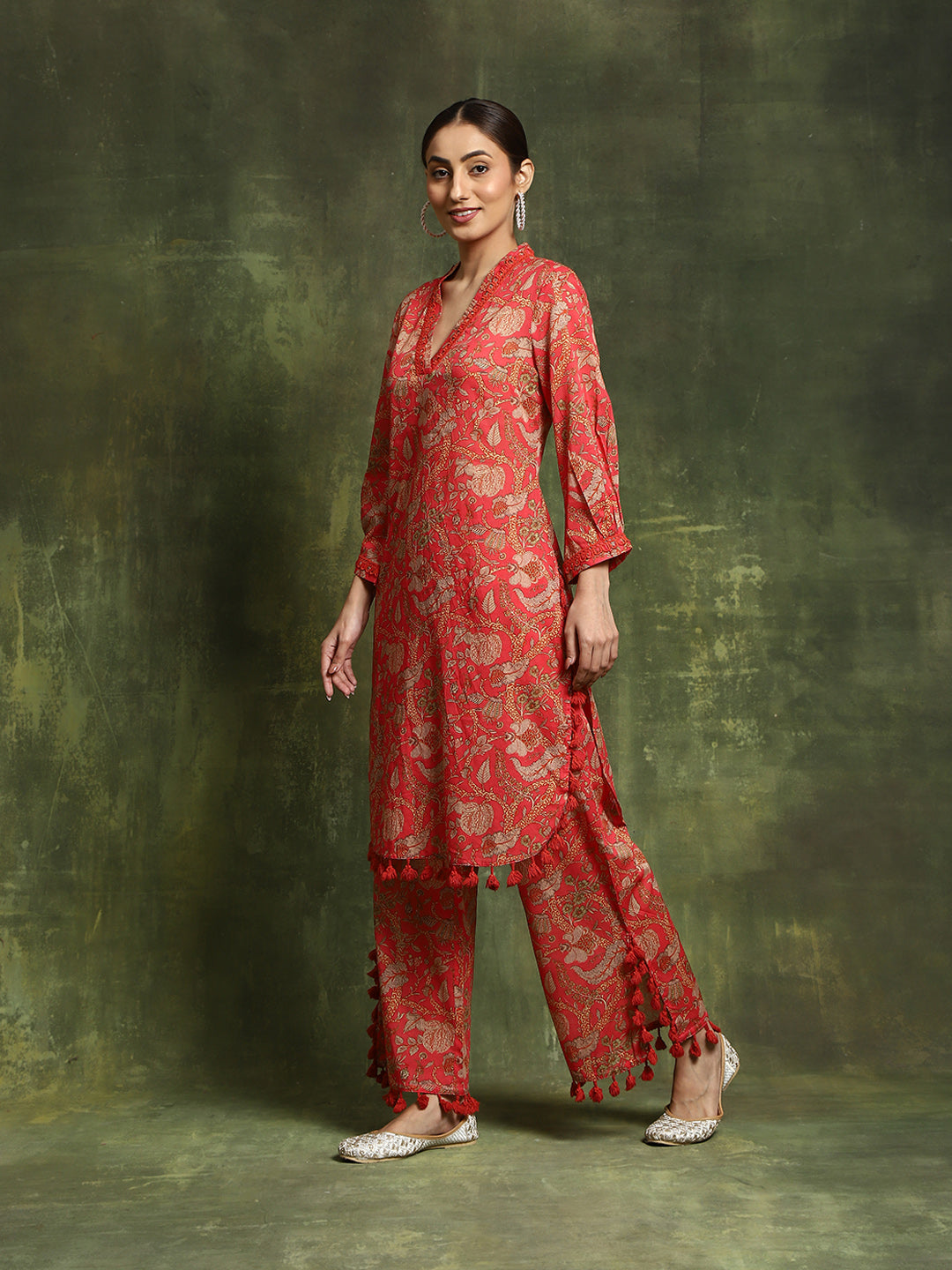 Red Floral Printed Pakistani Kurta With Palazzo - Elganza