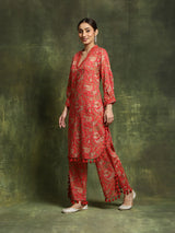 Red Floral Printed Pakistani Kurta With Palazzo - Elganza