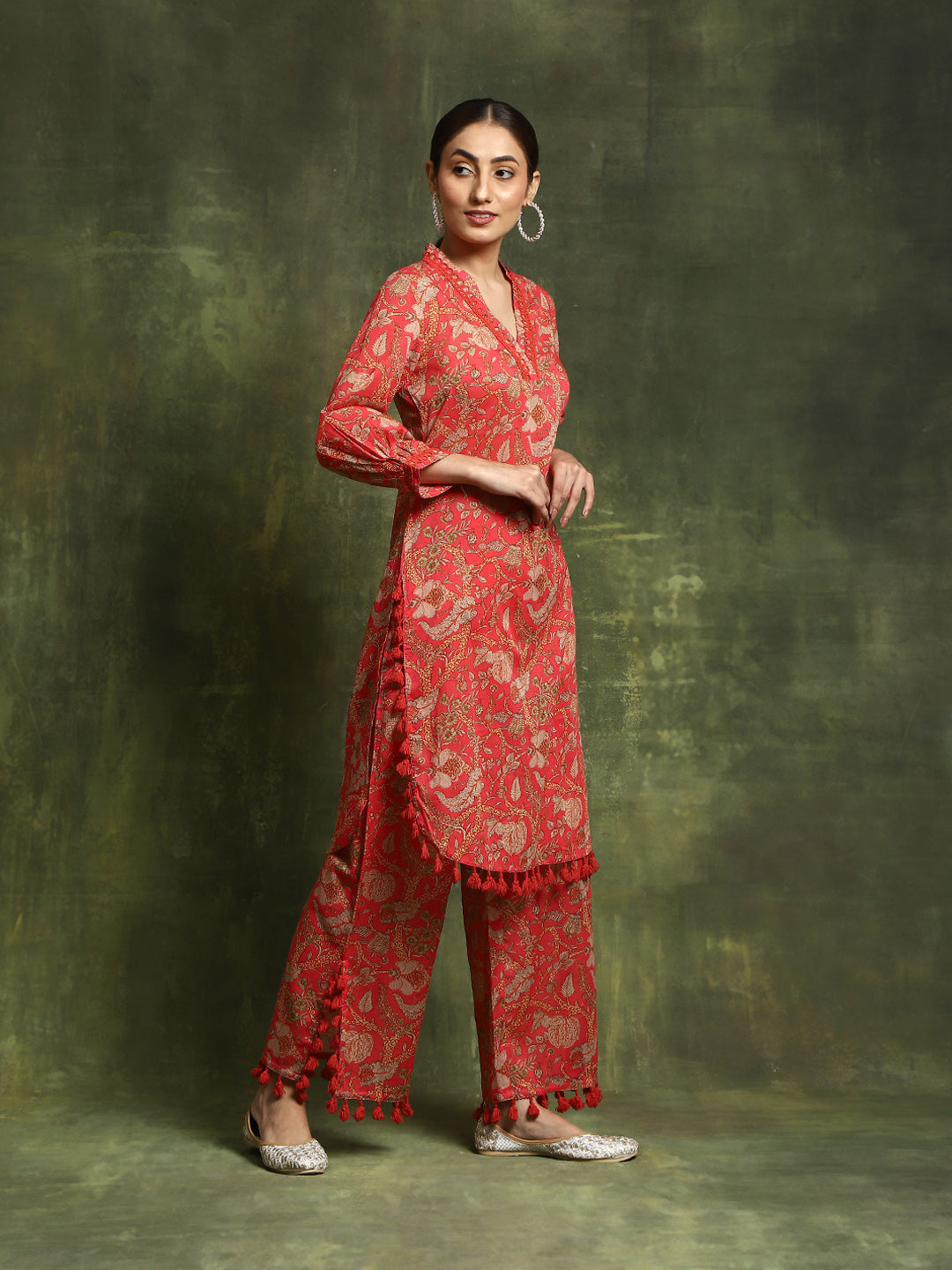 Red Floral Printed Pakistani Kurta With Palazzo - Elganza