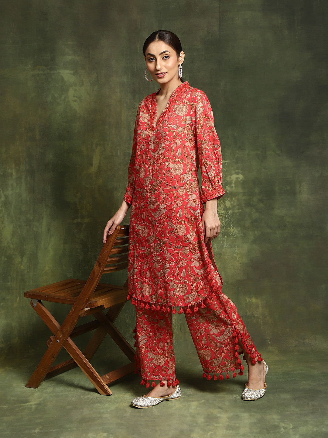 Red Floral Printed Pakistani Kurta With Palazzo - Elganza