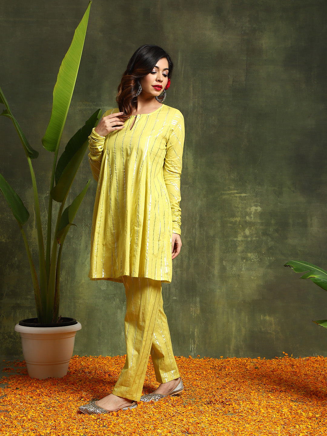 Lime Green Lurex Designed Flared Co-Ord Set - Elganza
