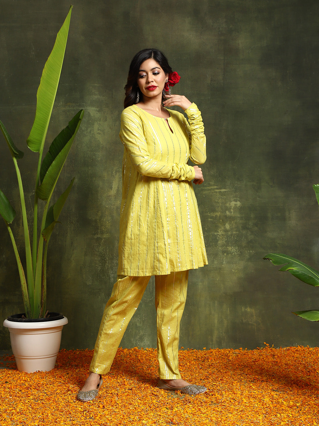 Lime Green Lurex Designed Flared Co-Ord Set - Elganza