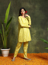 Lime Green Lurex Designed Flared Co-Ord Set - Elganza