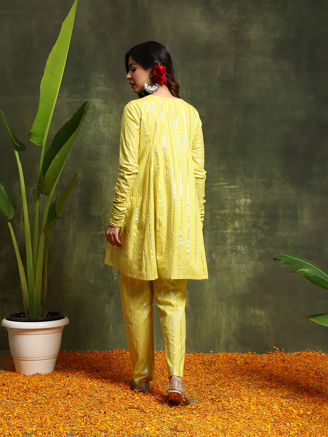 Lime Green Lurex Designed Flared Co-Ord Set - Elganza