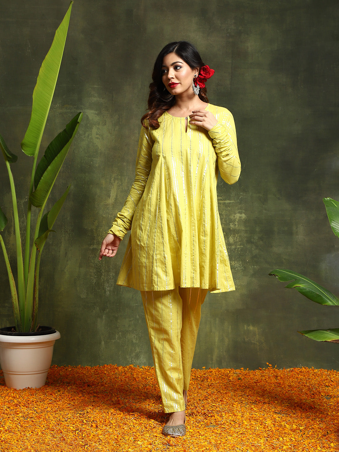 Lime Green Lurex Designed Flared Co-Ord Set - Elganza