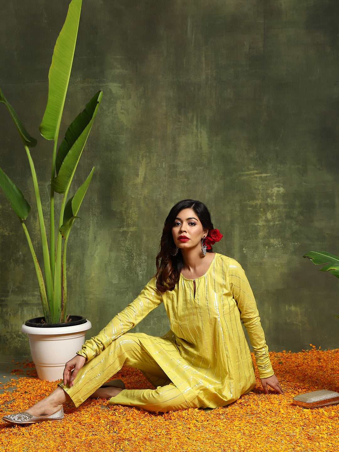Lime Green Lurex Designed Flared Co-Ord Set - Elganza