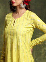 Lime Green Lurex Designed Flared Co-Ord Set - Elganza