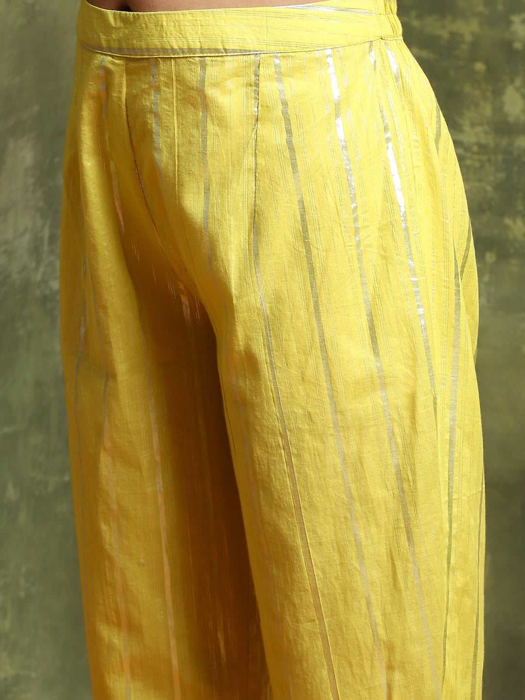 Lime Green Lurex Designed Flared Co-Ord Set - Elganza