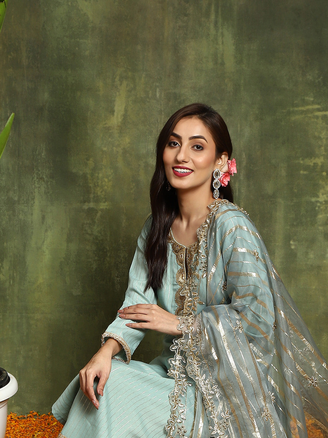 Green Lurex Designed Kurta Palazzo With Embroidered Dupatta - Elganza