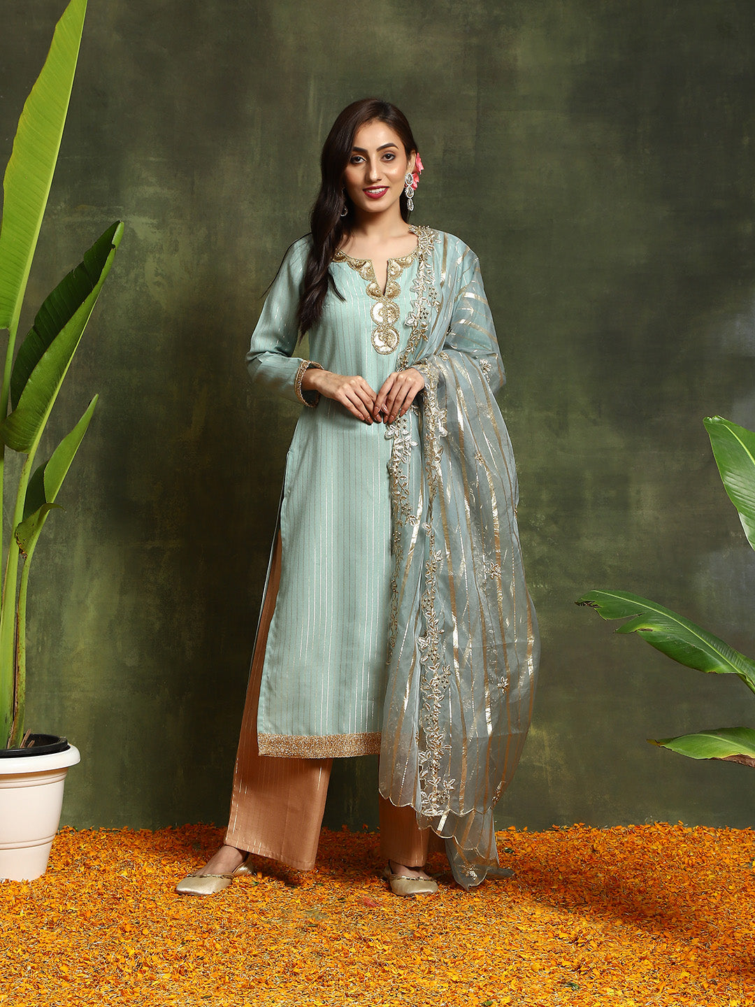 Green Lurex Designed Kurta Palazzo With Embroidered Dupatta - Elganza