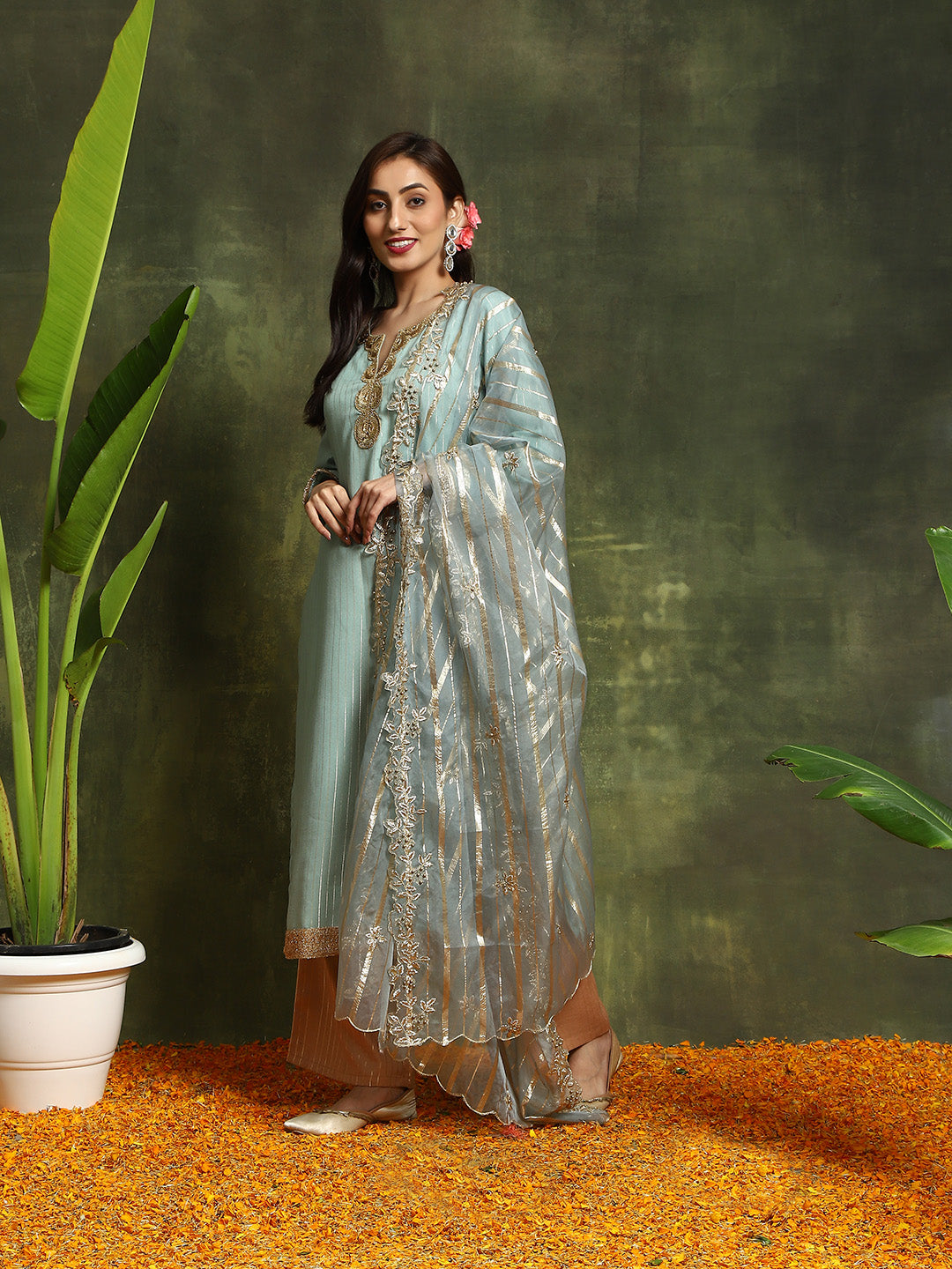 Green Lurex Designed Kurta Palazzo With Embroidered Dupatta - Elganza